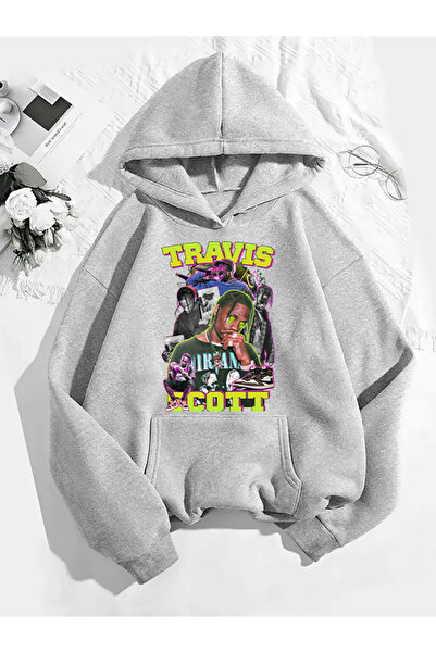 COMVİCHO سويت شيرت رمادي بقلنسوة مطبوعة من ترافيس سكوت v7