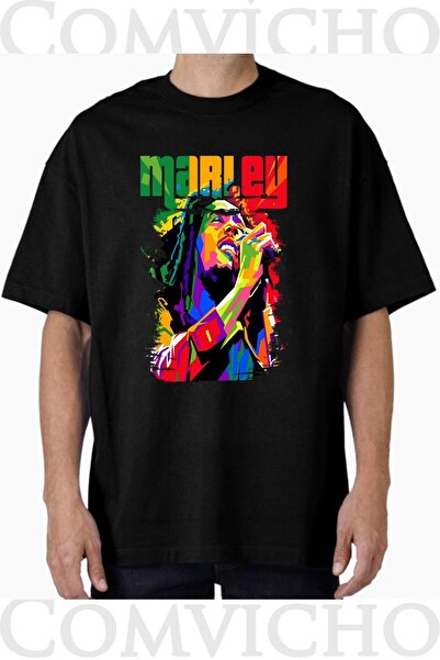 COMVİCHO تي شيرت مارلي v1 مطبوع بتصميم كبير الحجم للجنسين