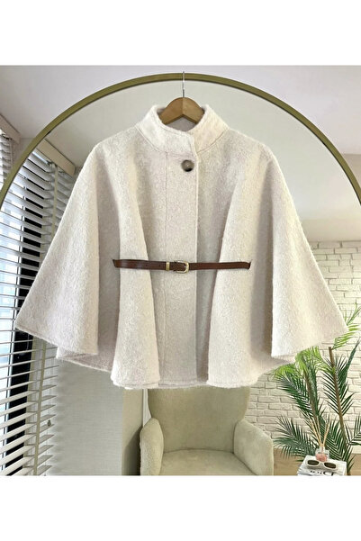 ensade Belted Short Cashmere Poncho Gold Buckle Brown Belt