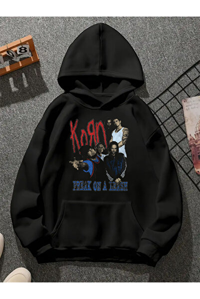 COMVİCHO Korn V1 Printed Hooded Black Sweatshirt