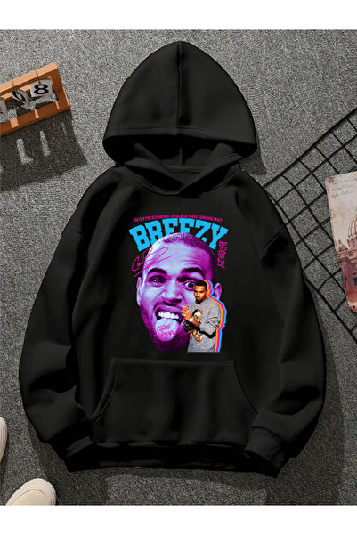 COMVİCHO Chris Brown V1 Printed Hooded Black Sweatshirt