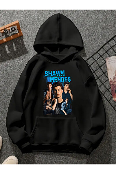 COMVİCHO سويت شيرت أسود بقلنسوة مطبوعة من شون مينديز v1