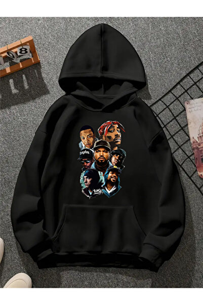 COMVİCHO Gangsta Rappers V1 Printed Hooded Black Sweatshirt