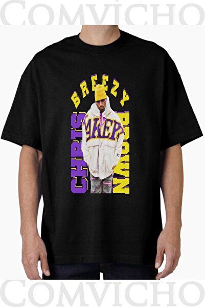 COMVİCHO تي شيرت مطبوع بتصميم كبير الحجم للجنسين من كريس براون v4