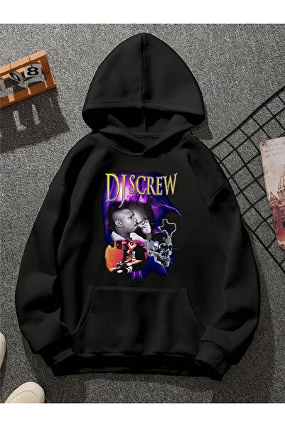 COMVİCHO سويت شيرت أسود بقلنسوة مطبوع عليه dj screw v1