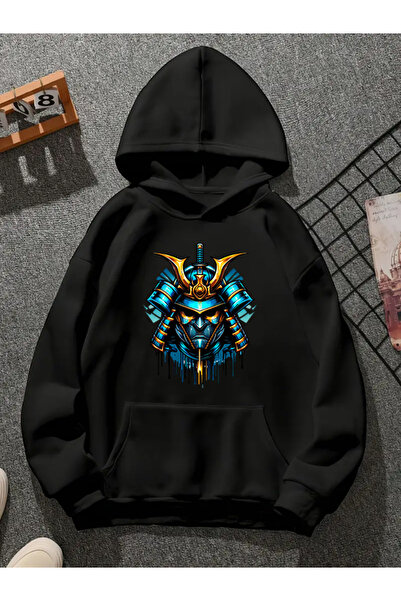 COMVİCHO سويت شيرت أسود بقلنسوة مطبوع عليه الساموراي