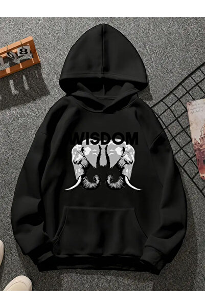 COMVİCHO سويت شيرت أسود بقلنسوة مطبوع عليه حكمة