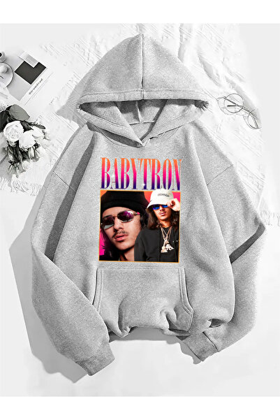 COMVİCHO سويت شيرت رمادي بقلنسوة مطبوعة من بيبي ترون v1