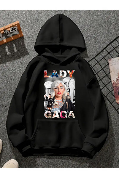 COMVİCHO سويت شيرت أسود بقلنسوة مطبوعة من ليدي غاغا v1