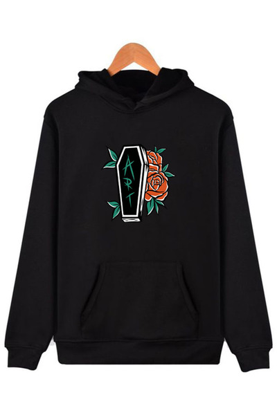 COMVİCHO سويت شيرت أسود بقلنسوة مطبوع عليه coffinwithroses