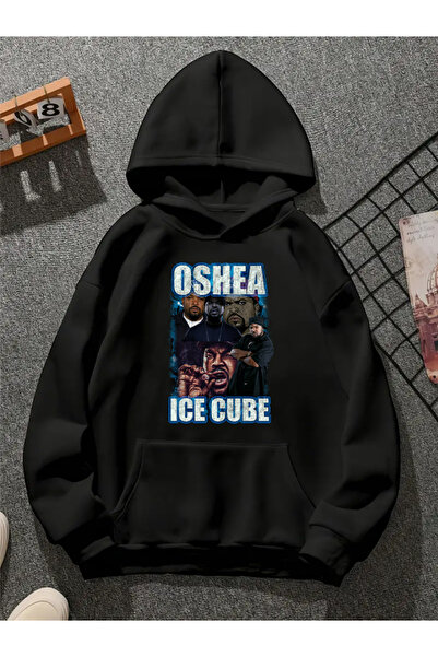COMVİCHO سويت شيرت أسود بقلنسوة مطبوعة من ice cube v12