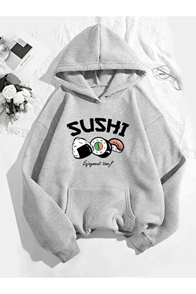 COMVİCHO سويت شيرت رمادي بقلنسوة مطبوع عليه السوشي