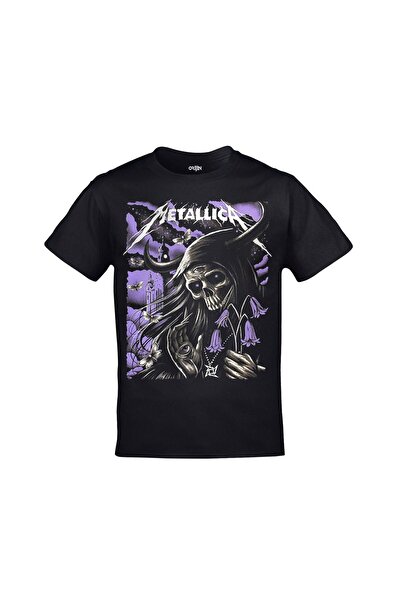 Orijin Tekstil Μαύρο μπλουζάκι Unisex με στάμπα Metallica Skull μπροστά και πίσω