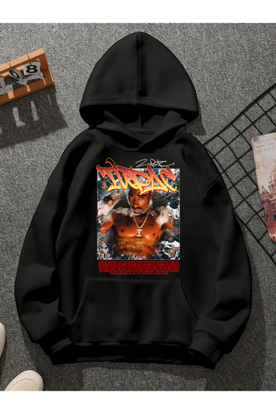 COMVİCHO Tupac V34 Printed Hooded Black Sweatshirt