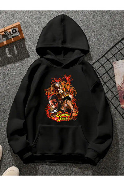 COMVİCHO سويت شيرت أسود بقلنسوة مطبوعة من ترافيس سكوت v3