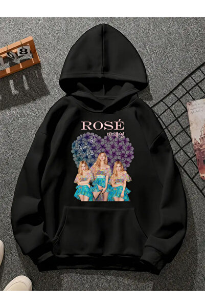 COMVİCHO Rose Printed Hooded Black Sweatshirt