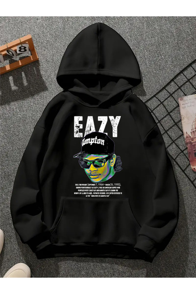 COMVİCHO سويت شيرت أسود بقلنسوة مطبوعة من eazy v7