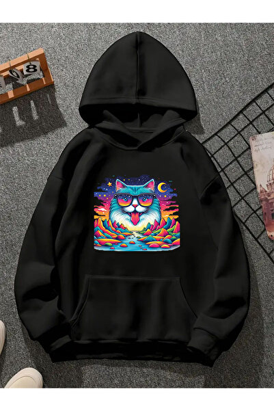 COMVİCHO Catcolors002 Printed Hooded Black Sweatshirt