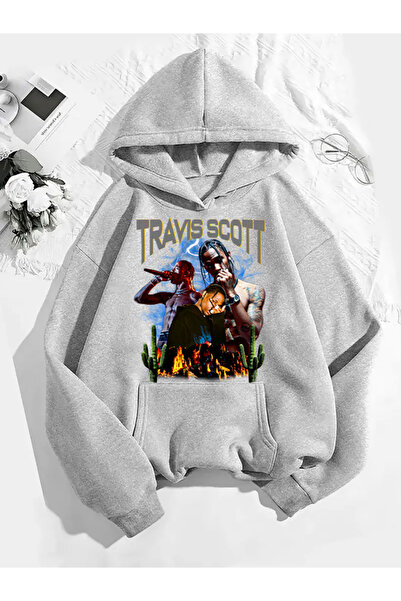 COMVİCHO سويت شيرت رمادي بقلنسوة مطبوعة من ترافيس سكوت v24