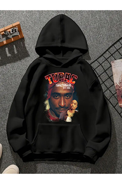 COMVİCHO Tupac V31 Printed Hooded Black Sweatshirt