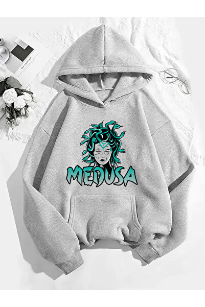 COMVİCHO سويت شيرت رمادي بقلنسوة مطبوع عليه ميدوسا