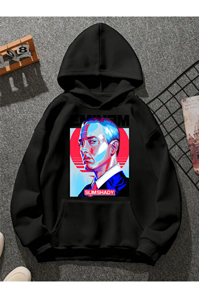 COMVİCHO سويت شيرت أسود بقلنسوة مطبوعة من eminem v2