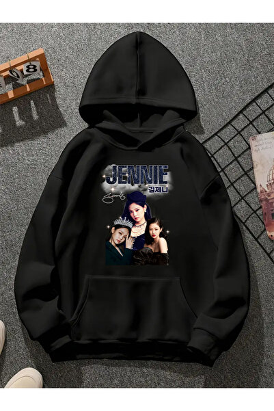 COMVİCHO Jennie Printed Hooded Black Sweatshirt