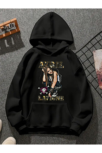 COMVİCHO سويت شيرت أسود بقلنسوة مطبوعة من أفريل لافينج v2