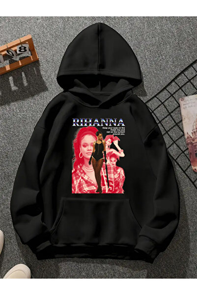 COMVİCHO Rihanna V6 Printed Hooded Black Sweatshirt