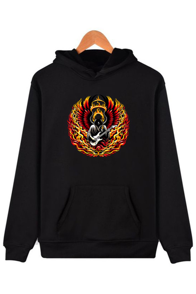 COMVİCHO Angelguıtar Printed Hooded Black Sweatshirt
