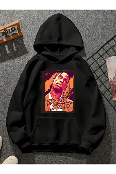 COMVİCHO سويت شيرت أسود بقلنسوة مطبوعة من ترافيس سكوت v1