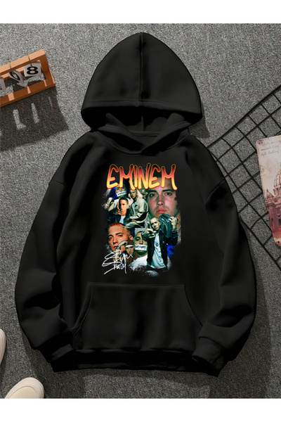 COMVİCHO سويت شيرت أسود بقلنسوة مطبوعة من eminem v16