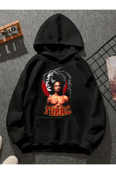 COMVİCHO Tupac V17 Printed Hooded Black Sweatshirt