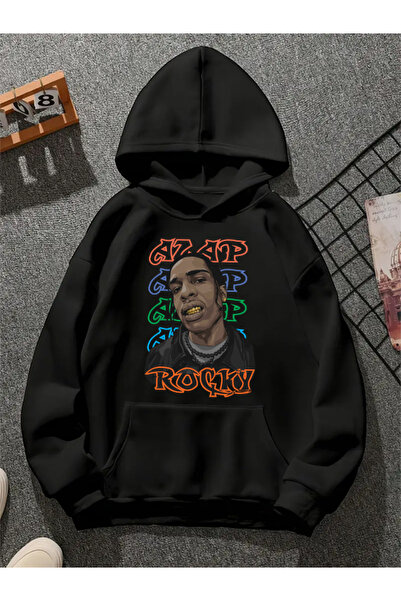 COMVİCHO Asap Rocky V2 Printed Hooded Black Sweatshirt
