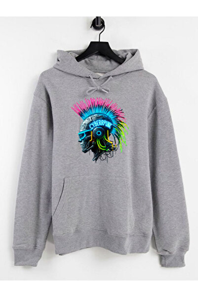 COMVİCHO Cyberpunk Printed Hooded Gray Sweatshirt