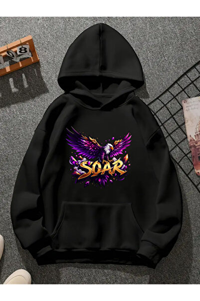 COMVİCHO سويت شيرت أسود بقلنسوة مطبوعة من سوار