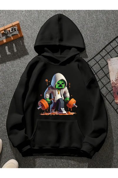 COMVİCHO Minecraft3D Printed Hooded Black Sweatshirt