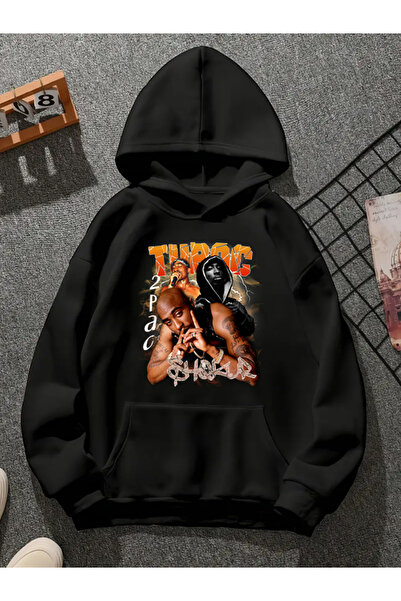 COMVİCHO Tupac V44 Printed Hooded Black Sweatshirt