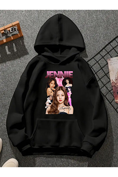 COMVİCHO سويت شيرت أسود بقلنسوة مطبوعة من jennie v1