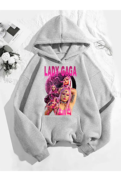 COMVİCHO سويت شيرت رمادي بقلنسوة مطبوعة من ليدي غاغا v2