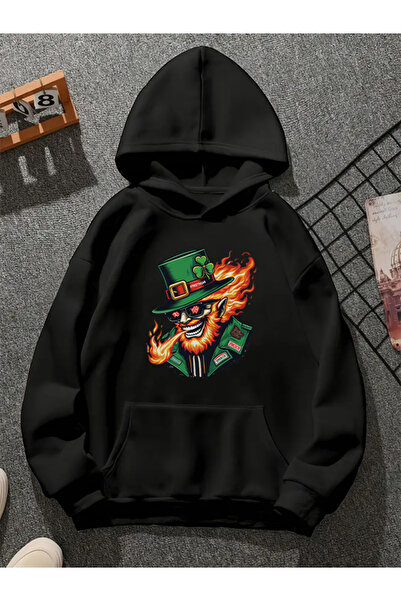 COMVİCHO سويت شيرت أسود بقلنسوة مطبوعة من دويند