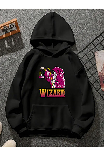 COMVİCHO سويت شيرت أسود بقلنسوة مطبوع عليه wizard