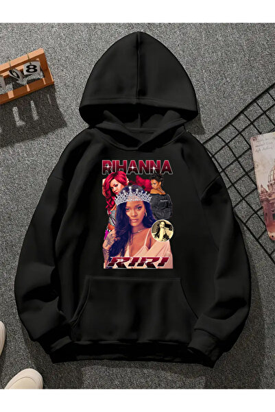COMVİCHO Rihanna V4 Printed Hooded Black Sweatshirt