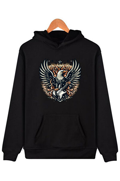 COMVİCHO Eagle Printed Hooded Black Sweatshirt