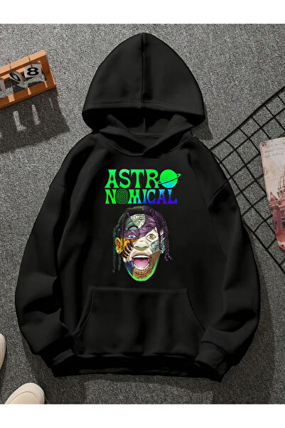 COMVİCHO سويت شيرت أسود بقلنسوة مطبوعة من ترافيس سكوت v19