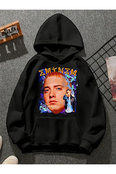 COMVİCHO سويت شيرت أسود بقلنسوة مطبوعة من eminem v9