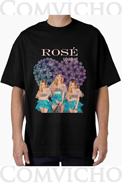 COMVİCHO Unisex Rose Design Printed Oversize T-Shirt