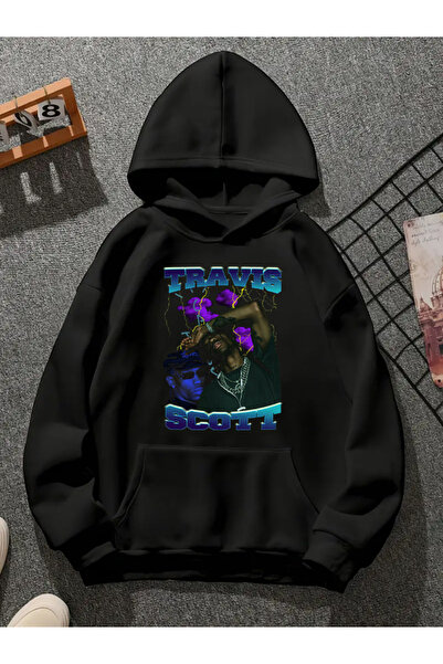COMVİCHO سويت شيرت أسود بقلنسوة مطبوعة من ترافيس سكوت v16
