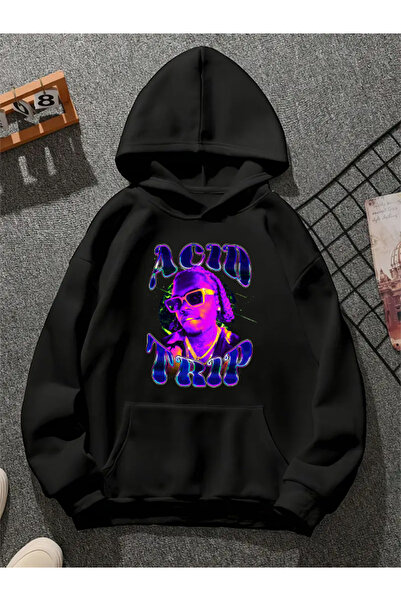 COMVİCHO Acın Trıp V1 Printed Hooded Black Sweatshirt