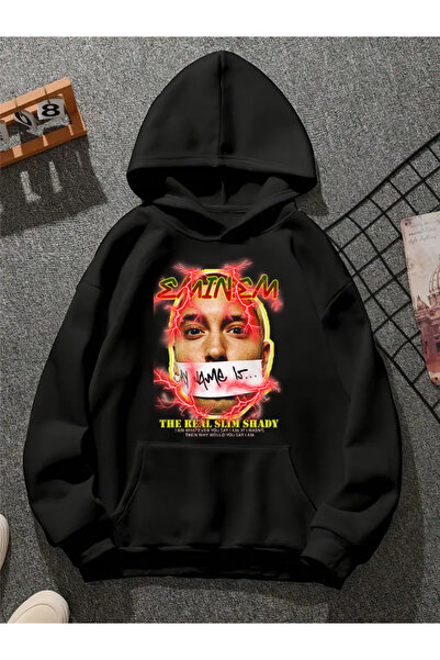 COMVİCHO سويت شيرت أسود بقلنسوة مطبوعة من eminem v10